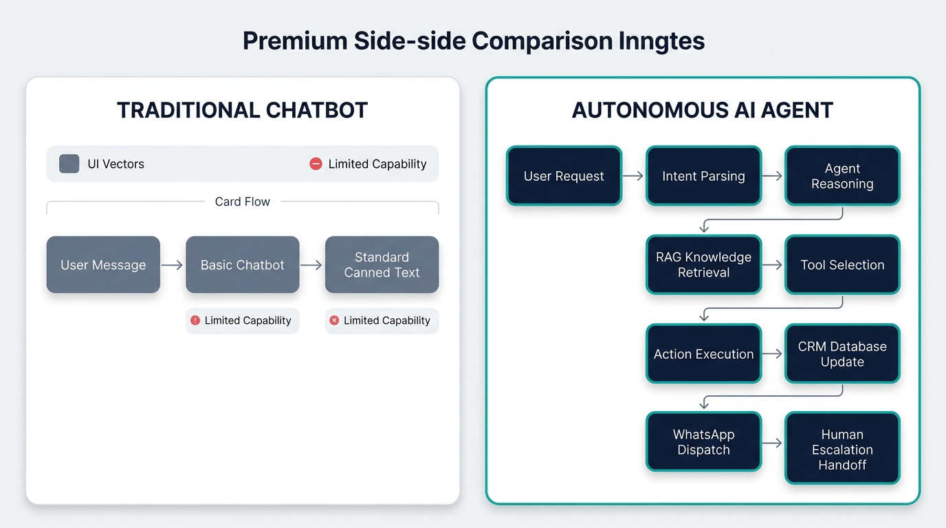 Side-by-side comparison of Traditional Chatbots versus Autonomous AI Agents