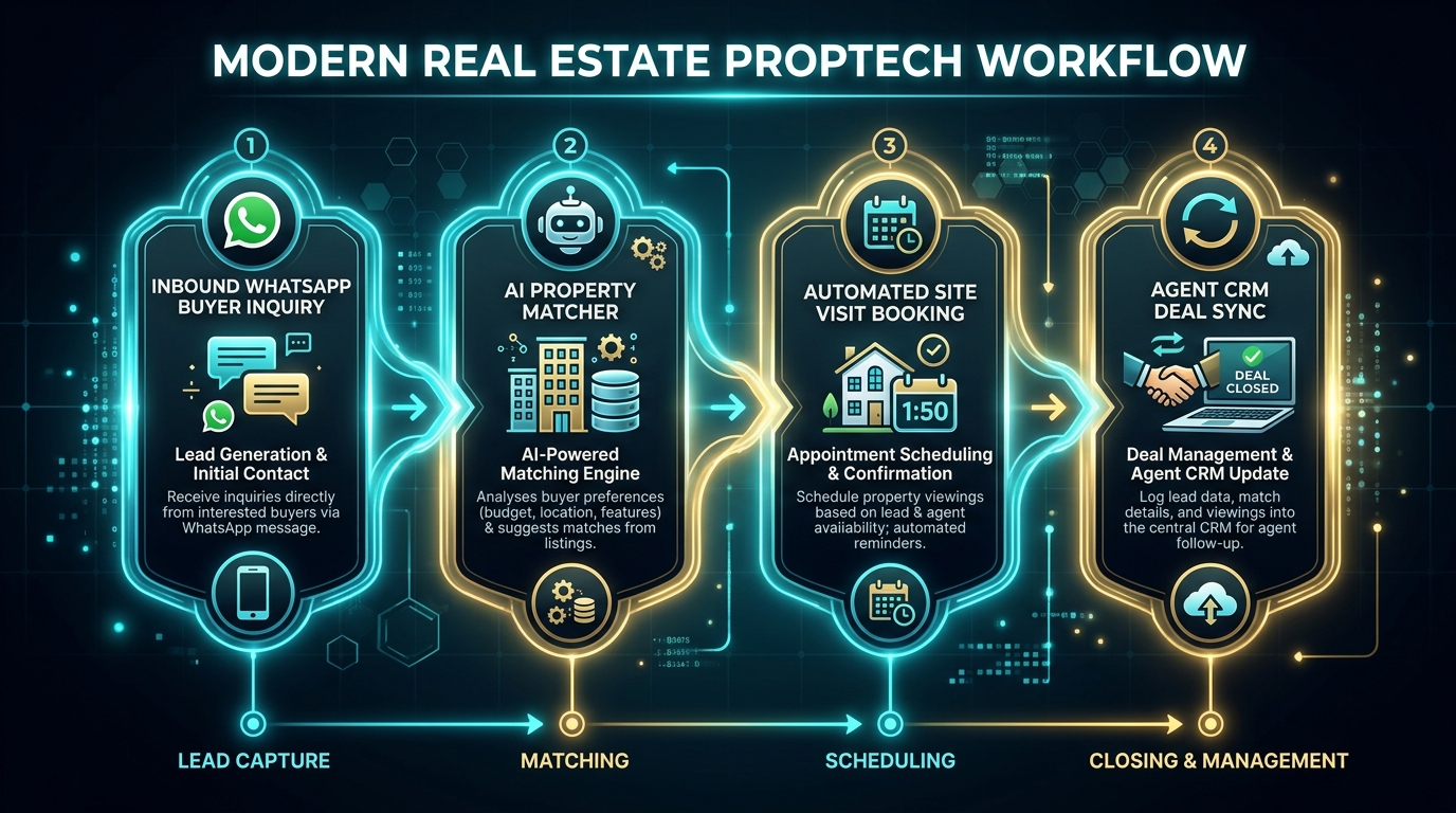 Modern Real Estate PropTech Workflow Architecture - Node 1 Inbound WhatsApp Inquiry, Node 2 AI Property Matcher, Node 3 Automated Site Visit Booking, Node 4 Agent CRM Deal Sync
