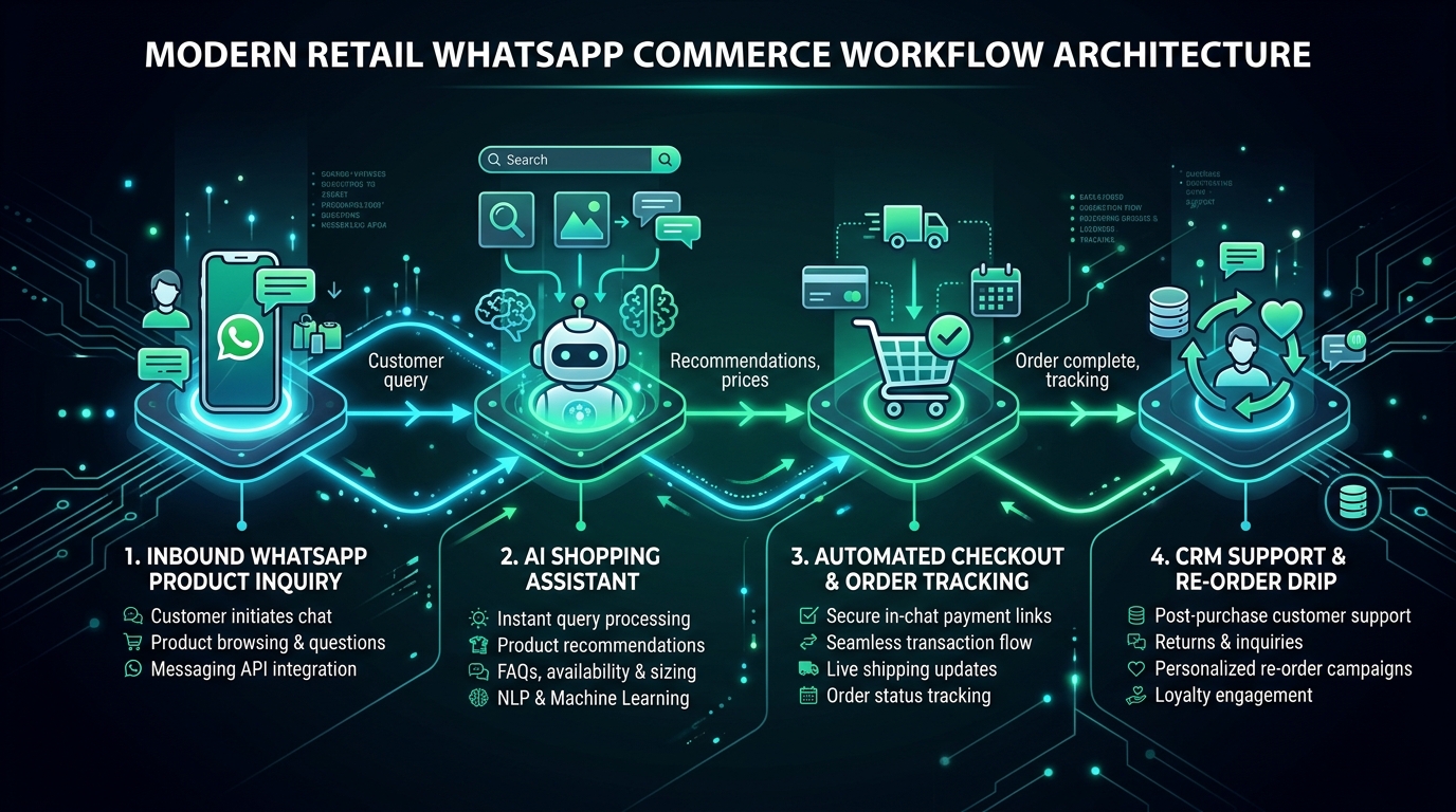 Modern Retail WhatsApp Commerce Workflow Architecture - Node 1 Inbound WhatsApp Product Inquiry, Node 2 AI Shopping Assistant, Node 3 Automated Checkout & Order Tracking, Node 4 CRM Support & Re-Order Drip